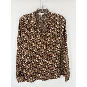 Como Blu Geometric Button Down Blouse Women's M Long Sleeve Brown Black‎ Stretch